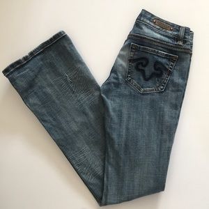 REROCK DISTRESSED FLARE JEANS SIZE 0 LONG